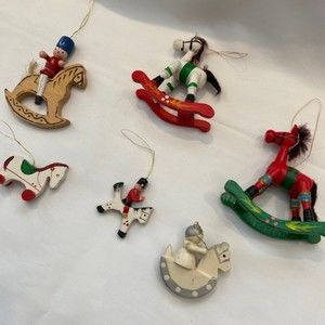 HORSE ORNAMENTS 6 wooden Horses Rocking Horses Painted Christmas Decor Hanging
